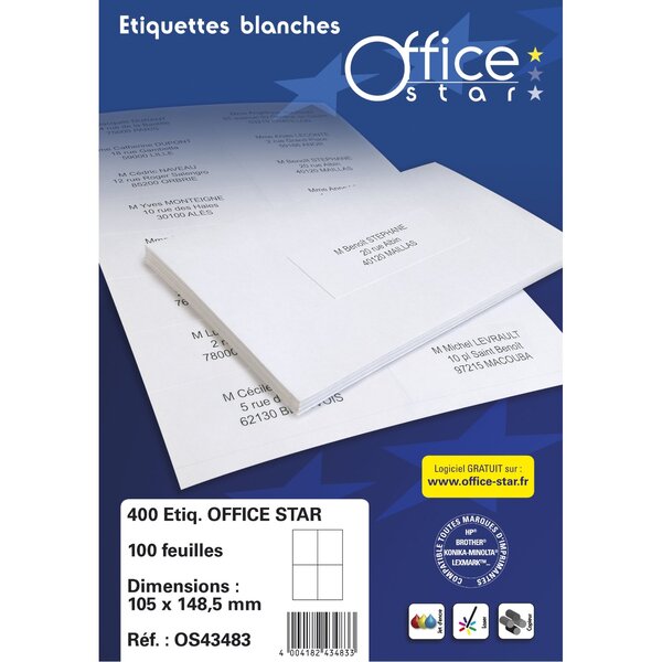 Office star boite de 400 étiquettes multi-usage blanches 105x148,5mm os43483 avery zweckform