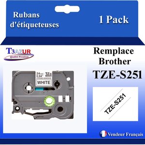Ruban d'étiqueteuse compatible avec Brother Tze251  Tze-251 pour étiqueteuses P-touch - Texte noir sur fond blanc - Largeur 24 mm x 8 mètres - T3AZUR
