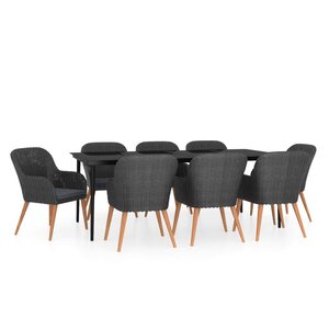 vidaXL Ensemble de salle à manger de jardin avec coussins 9 Pièces Noir