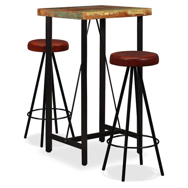 vidaXL Ensemble de bar 3 Pièces Bois massif recyclé et cuir véritable