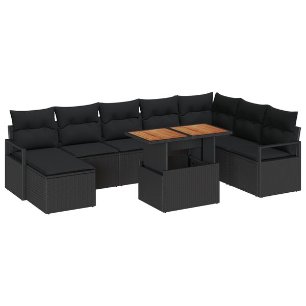 Ensemble de canapés de jardin 9 pièces avec coussins Noir Poly Rattan Acacia