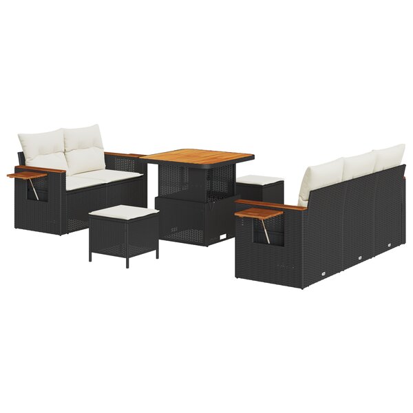 Set de Canapé de Jardin 8 Pièces avec Coussins Rattan Poly Noir Acacia