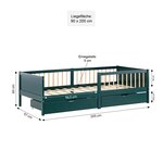 Lit simple 90x200 matelas 2 tiroirs vert enfant