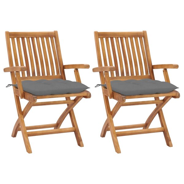 vidaXL Chaises de jardin lot de 2 et coussins gris Bois de teck massif