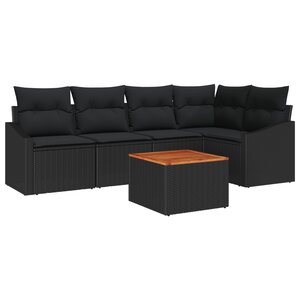 vidaXL Ensemble de Sofa de Jardin 6 Pièces avec Coussins Noir Rattan Poly Acacia