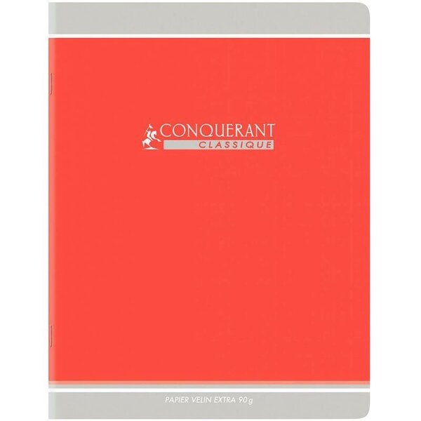 Cahier piqûre 96 pages seyès  papier 90 g  couverture en carte recyclée rouge  format 24 x 32 cm CONQUERANT