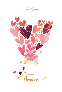 69-3136 Carte Je t'aime Lettre d'Amour Cœurs qui s'envolent d'une Enveloppe Peinture Aquarelle Romantique -Finitions Dorure Or Doré + Gaufrage en Relief +1 Enveloppe Format 12x17cm -Fabriqué en Europe