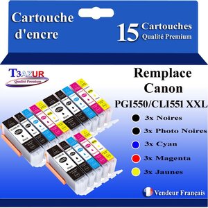 T3AZUR - 15x Cartouches compatibles avec Canon PGI-550 CLI-551 XL pour Canon Pixma MG5400 MG5450 MG5500 MG5550 MG5600 MG5650 MG5655