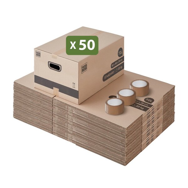 Pack and Move - Lot 50 Cartons Déménagement Stockage M - 60 x 40 x 30 cm - Poignées renforcées - 3 adhésifs offerts