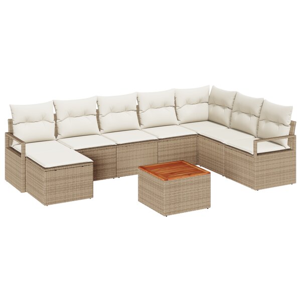 Ensemble de Canapés de Jardin 9 Pièces avec Coussins Beige Rattan Poly Acacia