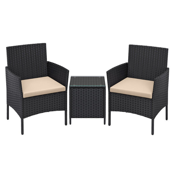 Salon de jardin extérieur trois pièces ensemble de mobilier surface tressée en PE table et chaises pour terrasse jardin balcon noir et taupe 12_0001653