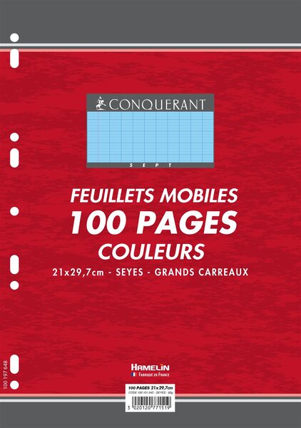 Feuillets mobiles 21x29 7 cm 100 pages grands carreaux bleus 80g CONQUÉRANT