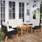 vidaXL Salon de jardin 4 Pièces et coussins Résine tressée et bois massif