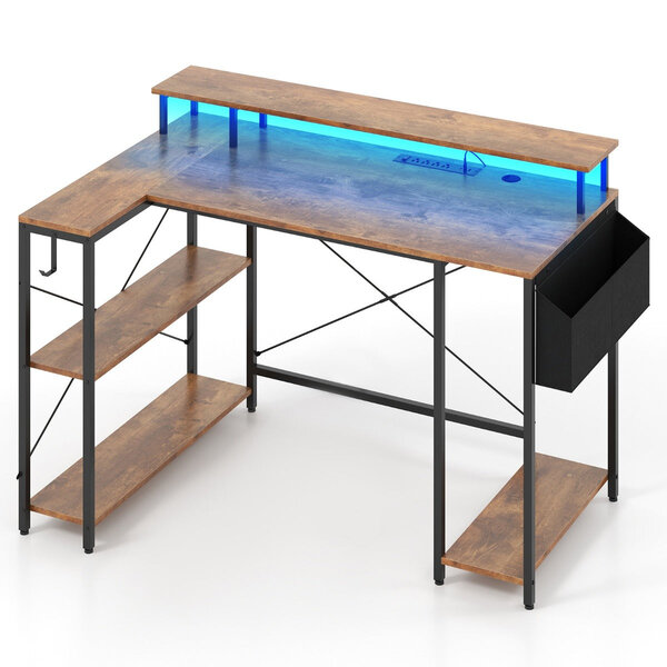 Bureau d'angle 120 x 80 x 87 cm avec éclairage led et prises pratiques design moderne en bois d'ingénierie marron rustique 20_0010889