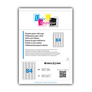 Lot de 10 planches a4 de 84 étiquettes à bords ronds 46 x 11 1 mm en papier blanc 70g/m² multifonction