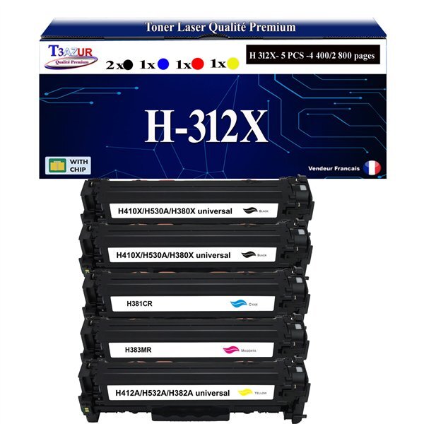 T3AZUR -5x Toners compatibles avec CF380X CF381A CF382A CF383A 312X pour HP LaserJet Pro 400 color MFP M476dn M476dw M476nw