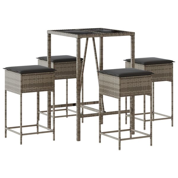 vidaXL Ensemble de bar de jardin 5 Pièces avec coussins gris poly rotin
