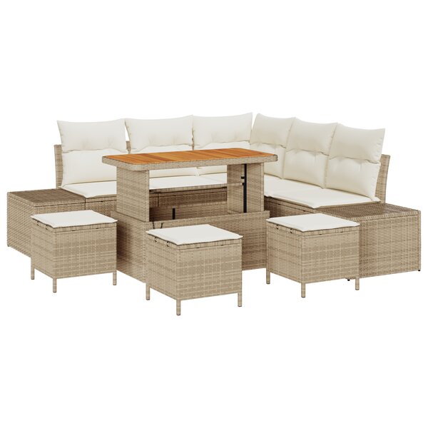 Ensemble de canapé de jardin vidaXL 9 pièces avec coussins Beige Poly Rattan Acacia