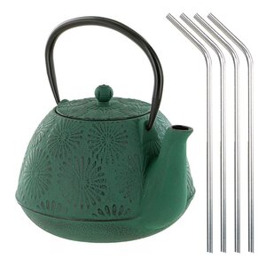Théière en fonte Hanami vert émeraude 1 2 L + 4 pailles en inox