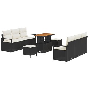 Ensemble de Canapé de Jardin 9 Pièces avec Coussins Noir Poly Rattan Acacia