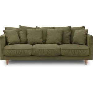 Canapé fixe 4 places CONSTANCE - Tissu vert - Pied en bois massif - 212 x 87 x 93 cm