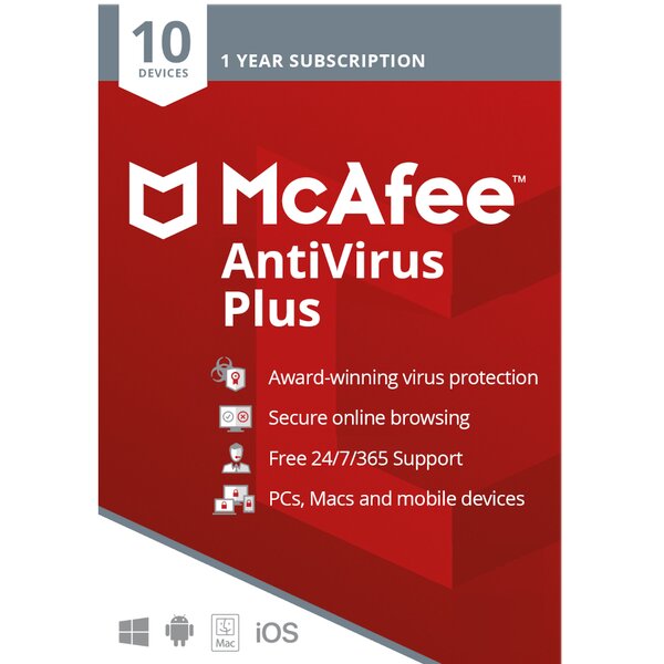 Mcafee antivirus plus - licence 1 an - 10 postes - a télécharger