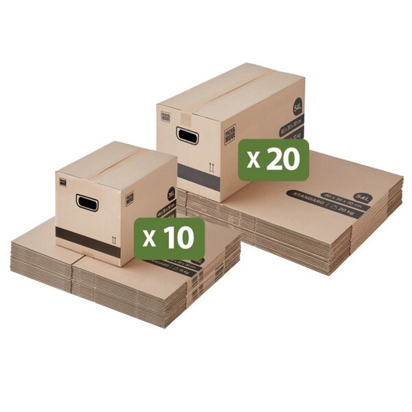 Pack and Move - Lot 30 Cartons Tailles Mixes - 60 x 30 x 30 cm + 40 x 30 x 30 cm - Déménagement - 2 Tailles