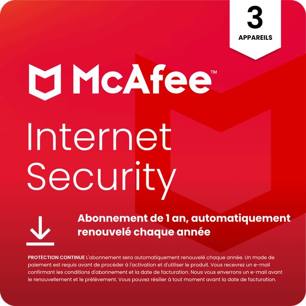 McAfee Internet Security - 3 appareils - Abonnement 1 an - Renouvelé automatiquement chaque année