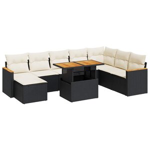 vidaXL Salon de jardin avec coussins 9 Pièces noir résine tressée acacia