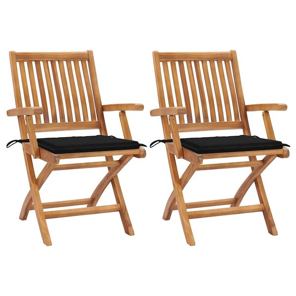 vidaXL Chaises de jardin lot de 2 et coussins noir Bois de teck massif