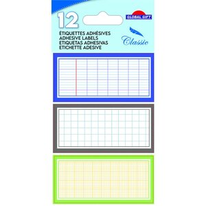 12 étiquettes adhésives scolaires - Quadrillé effet cahier - tons bleus