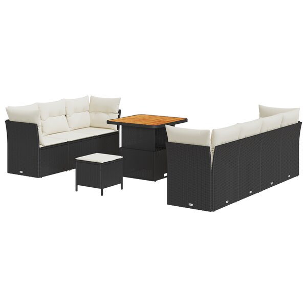 Ensemble de canapé de jardin vidaXL 10 pièces avec coussins noir poly rotin acacia