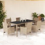 vidaXL Ensemble à manger de jardin et coussins 7 Pièces beige rotin verre