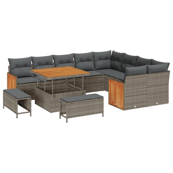 vidaXL Ensemble de 12 pièces de canapé de jardin avec coussins gris en rotin poly acacia