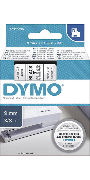DYMO LabelManager cassette ruban D1 9mm x 7m Noir/Transparent (compatible avec les LabelManager et les LabelWriter Duo)