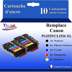 T3AZUR - 10x Cartouches compatibles avec Canon PGI525 CLI-525 XL pour Canon Pixma iP4850 iP4900 iP4950 iX6500 iX6550