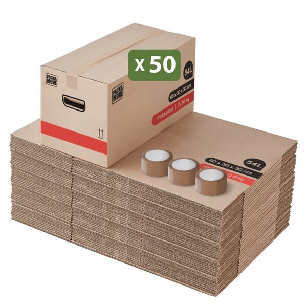 Pack and Move - Lot 50 Cartons Déménagement Premium - 60 X 25 X 25 Cm - Extrême Résistance 25 KG - Réutilisables - Double Épaisseur - Poignées Renforcées - 3 Adhésifs Offerts