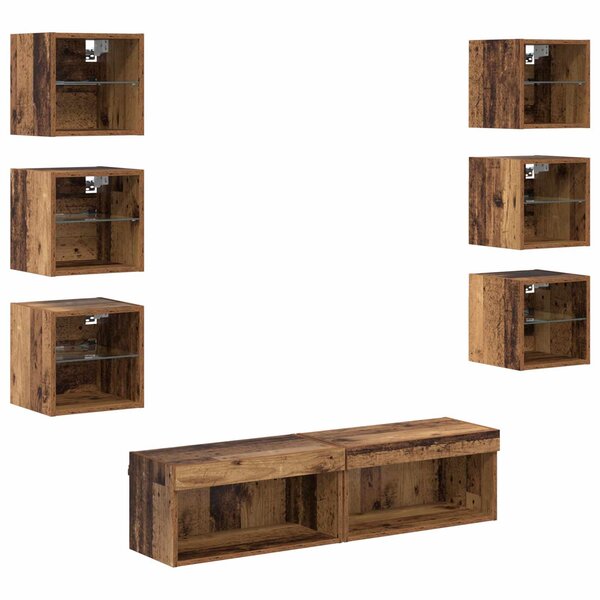 vidaXL Meuble TV avec des lumières à LED 8 Pièces Bois Ancien Verre