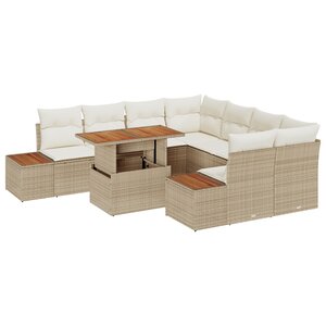 vidaXL Ensemble de salle à manger de jardin de 9 pièces avec coussins Beige en poly rotin et acacia