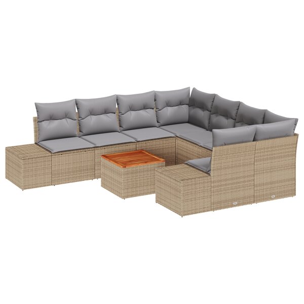 vidaXL Ensemble de canapé de jardin 9 pièces avec coussins Beige Poly Rotin Acacia