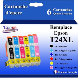 T3AZUR- 6x Cartouches Compatibles avec Epson 24XL 24 XL remplace Epson Expression Photo XP-850 XP-750 XP-950 XP-55 XP-860 XP-760 XP-960 XP-970