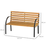 Banc de jardin 2 places style rural chic assise dossier à lattes bois naturel lasuré châssis acier époxy noir