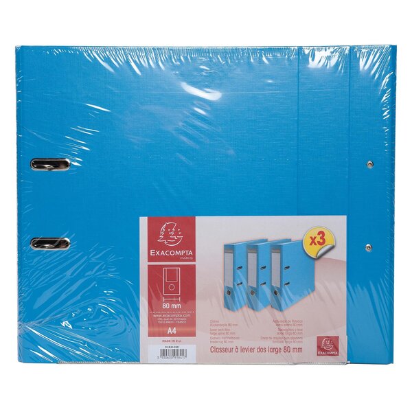 Lot De 3 Classeurs À Levier - Dos De 80mm - Format A4 - Extérieur En Polypropylène / Intérieur En Papier - Bleu Clair - X 4 - Exacompta
