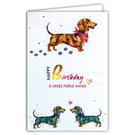 69-3125 Carte Anniversaire Animaux Chiens Saucisses Teckels Amoureux Mignons Bandanas Peinture Aquarelle - Finitions Dorure Or Doré + Gaufrage en Relief +1 Enveloppe Format 12x17cm -Fabriqué en Europe