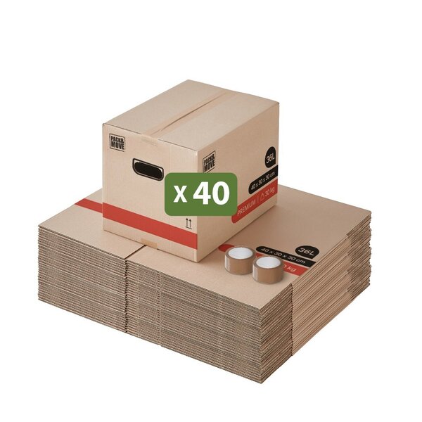 Pack and Move - Lot 40 Cartons Déménagement Livres Premium - 40 X 30 X 30 Cm - Extrême Résistance 30 KG - Poignées Renforcées - 2 Adhésifs Offerts