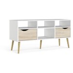 Meuble TV 4 niches 2 tiroirs - Blanc / chêne - 117 x 39 x 57 4 cm