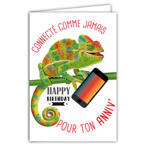 Carte Bon Anniversaire Humoristique avec Enveloppe Illustrée format 17 5x12cm Caméléon Drôle Amusant Rigolo qui sourit avec un Smartphone Connecté - Création Fabrication française 69-6213