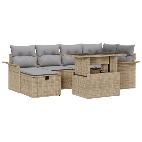 Ensemble de Canapé de Jardin de 7 Pièces avec Coussins Beige Rattan Poly