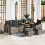 Set de Sofa de Jardin 10 Pièces avec Coussins Gris Poly Rattan Acacia