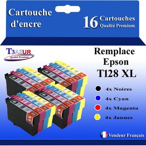 T3AZUR- 16x Cartouches Compatibles avec Epson T1281 T1282 T1282 T1284 T128 XL